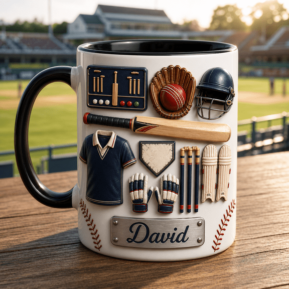 Cricket Mug Custom Name Gift for Father’s Day, Bat Ball Helmet Wicket Cup