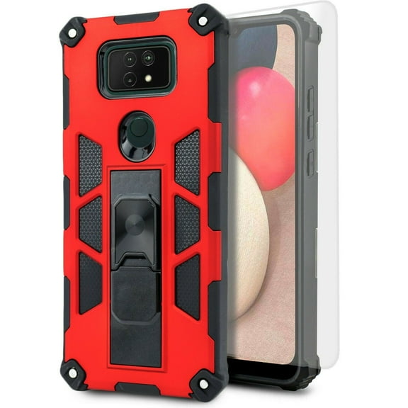 for Cricket Ovation 2 AT&T Maestro Max Phone Case Magnet Mount Ready Slip Guard Grids Pattern Kickstand Hybrid Slim Shock Bumper Cover with Tempered Glass