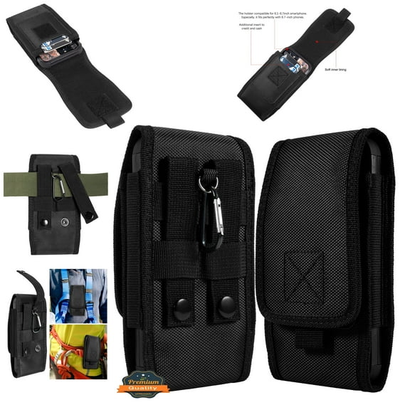 For Cricket Ovation 3 /Dream 5G /Innovate 5G /Ovation Universal Vertical Pouch Case Nylon Cell Phone Holster with Belt Clip Loop, Carabiner and Credit Card Slot Cover - Black