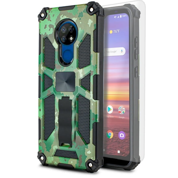 for Cricket Ovation, AT&T Radiant Max Phone Case Magnet Mount Ready Slip Guard Grids Pattern Kickstand Hybrid Slim Shock Bumper Cover with Tempered Glass