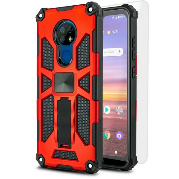 for Cricket Ovation, AT&T Radiant Max Phone Case Magnet Mount Ready Slip Guard Grids Pattern Kickstand Hybrid Slim Shock Bumper Cover with Tempered Glass