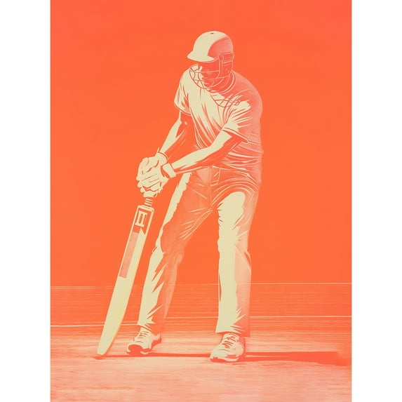Cricket Player Flick Shot Sport Artwork Orange Monochrome Athlete Portrait Large Wall Art Poster Print Thick Paper 18X24 Inch