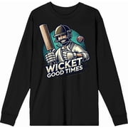 Cricket Sports Wicket Good Time Adult Black Crew Neck Long Sleeve Tee-Large