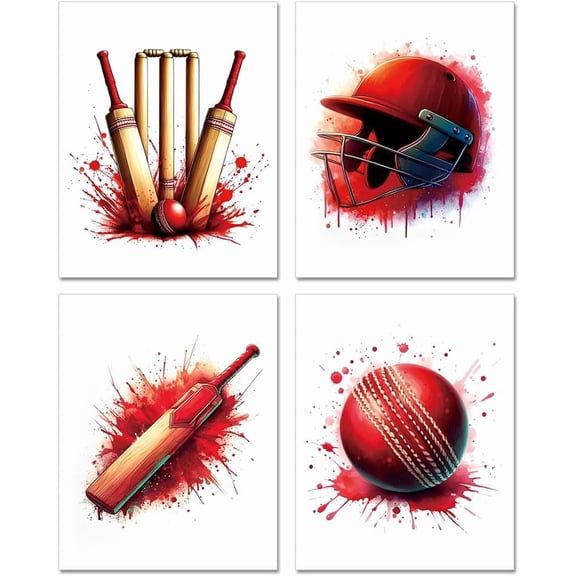 Cricket Wall Art Canvas Prints for Boys Room Watercolour Wall Decor,Watercolour Sports Art Posters Gift for Cricket Fans Set of 4 8x10 inch Unframed