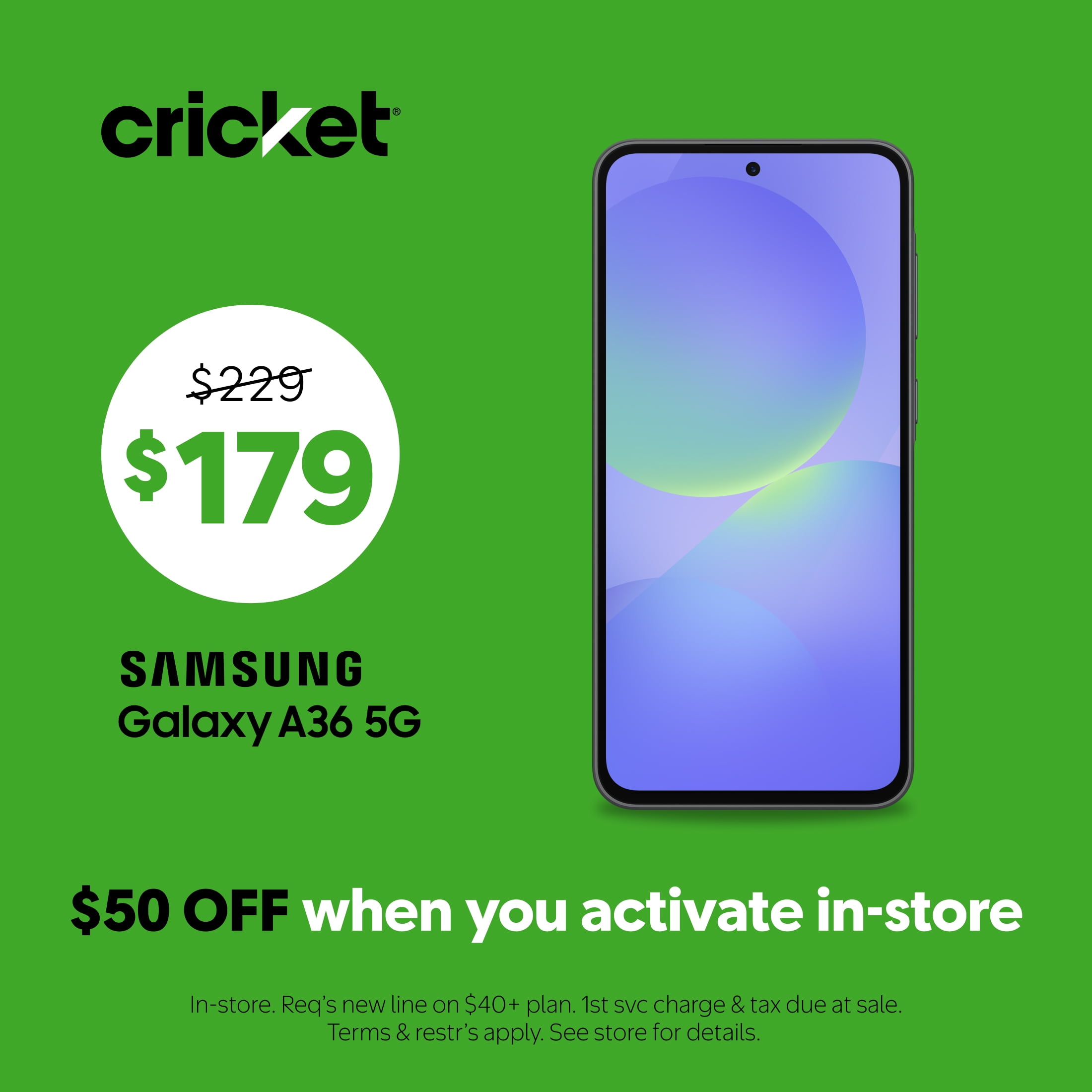 Cricket Wireless Samsung Galaxy A36 5G 6GB RAM (Prepaid), Black