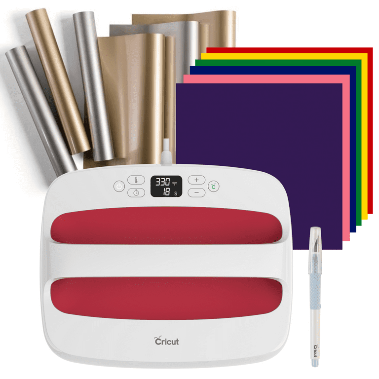 Cricut EasyPress 2 Raspberry Heat Press 12 in x 10 in –Rainbow and Metallic  HTV and True Control Cutting Knife Bundle 