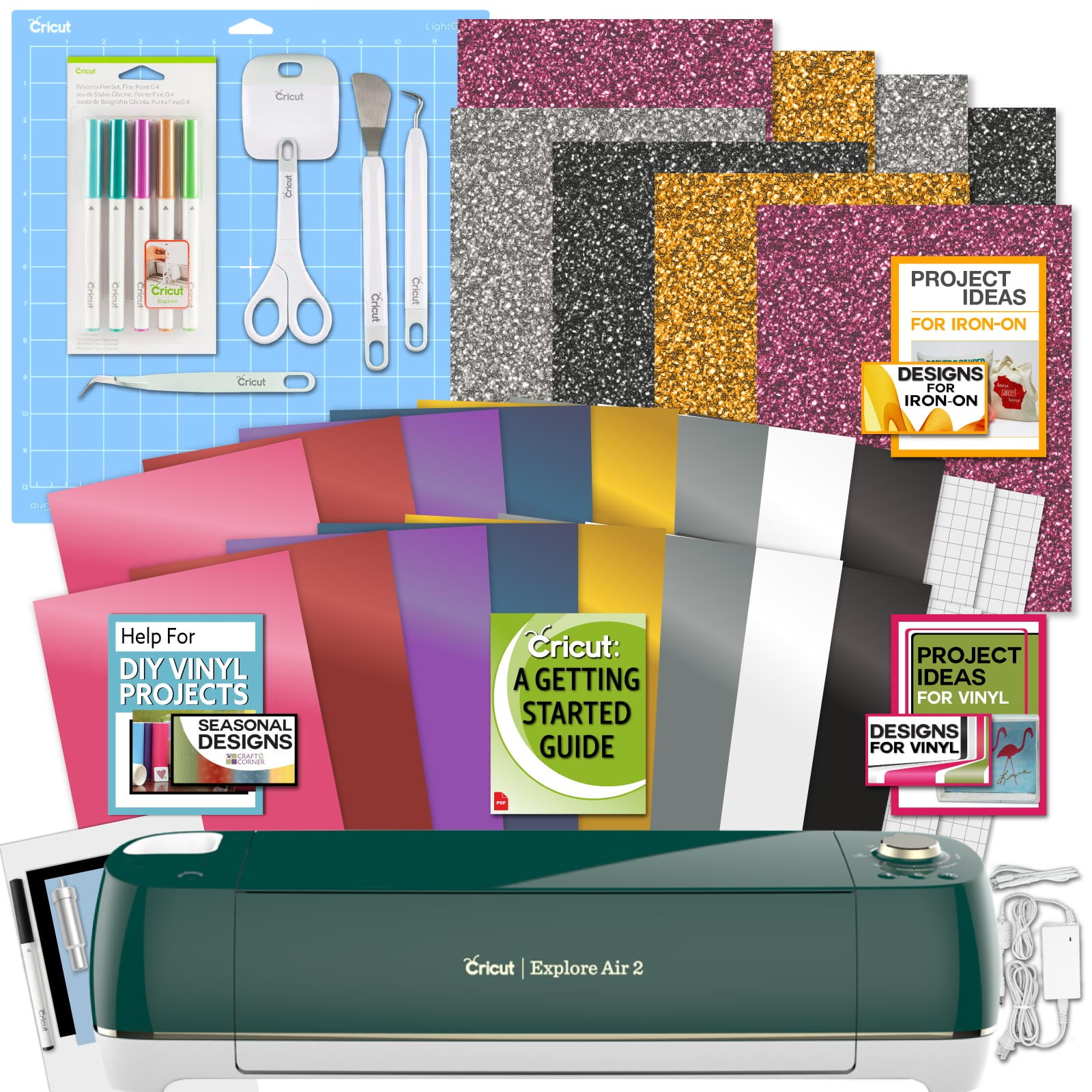 Cricut Emerald Explore Air 2 Machine with Double Iron-On and Vinyl Packs,  Tool Kit and Pens Bundle 