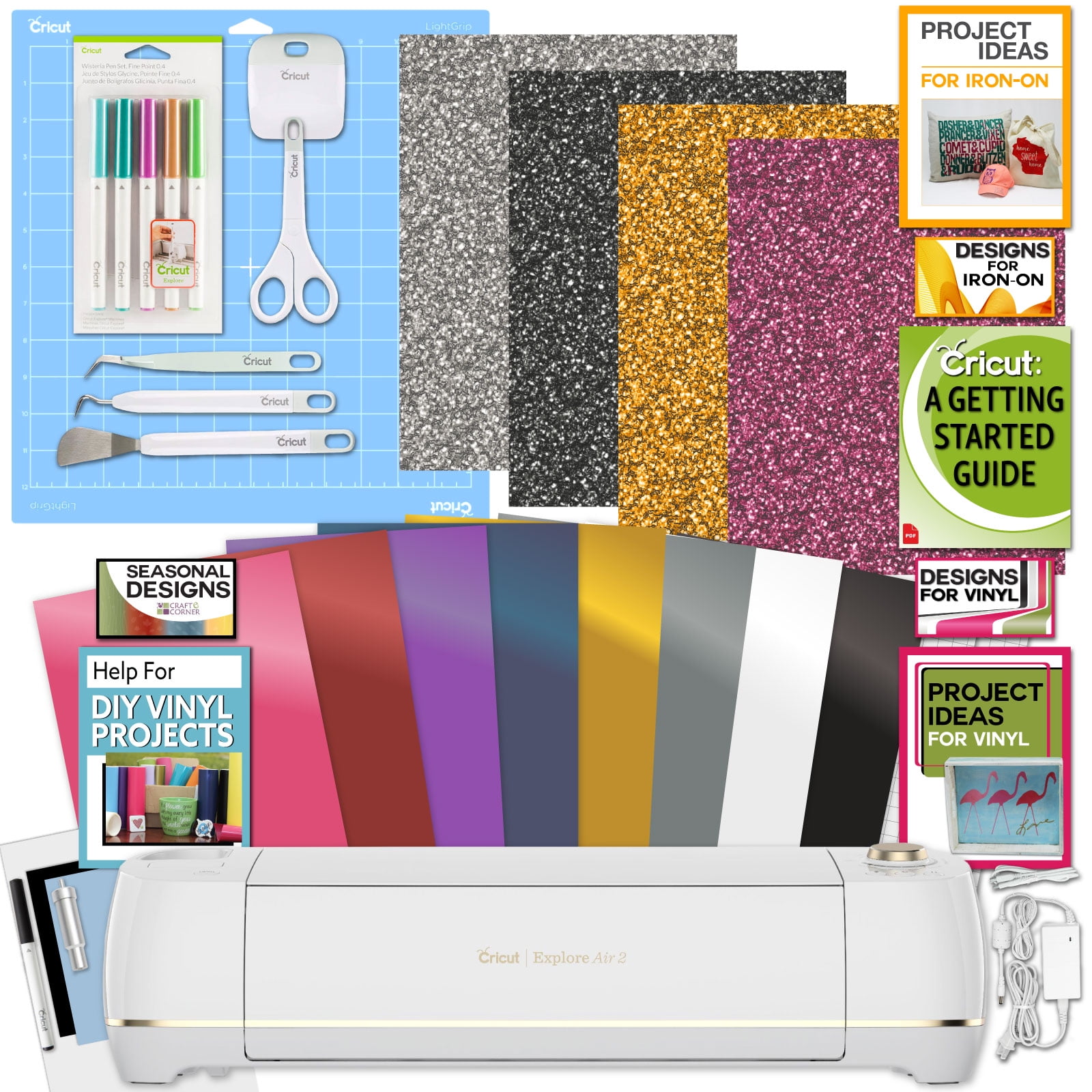  Cricut Explore Air 2 with Light Grip Mat, Premium Vinyl Rolls  and Strong Bond Everyday Iron-On Bundle - Patterned Vinyl and Heat Transfer  Vinyl, Weeding Tool and Transfer Tape, Combo Materials