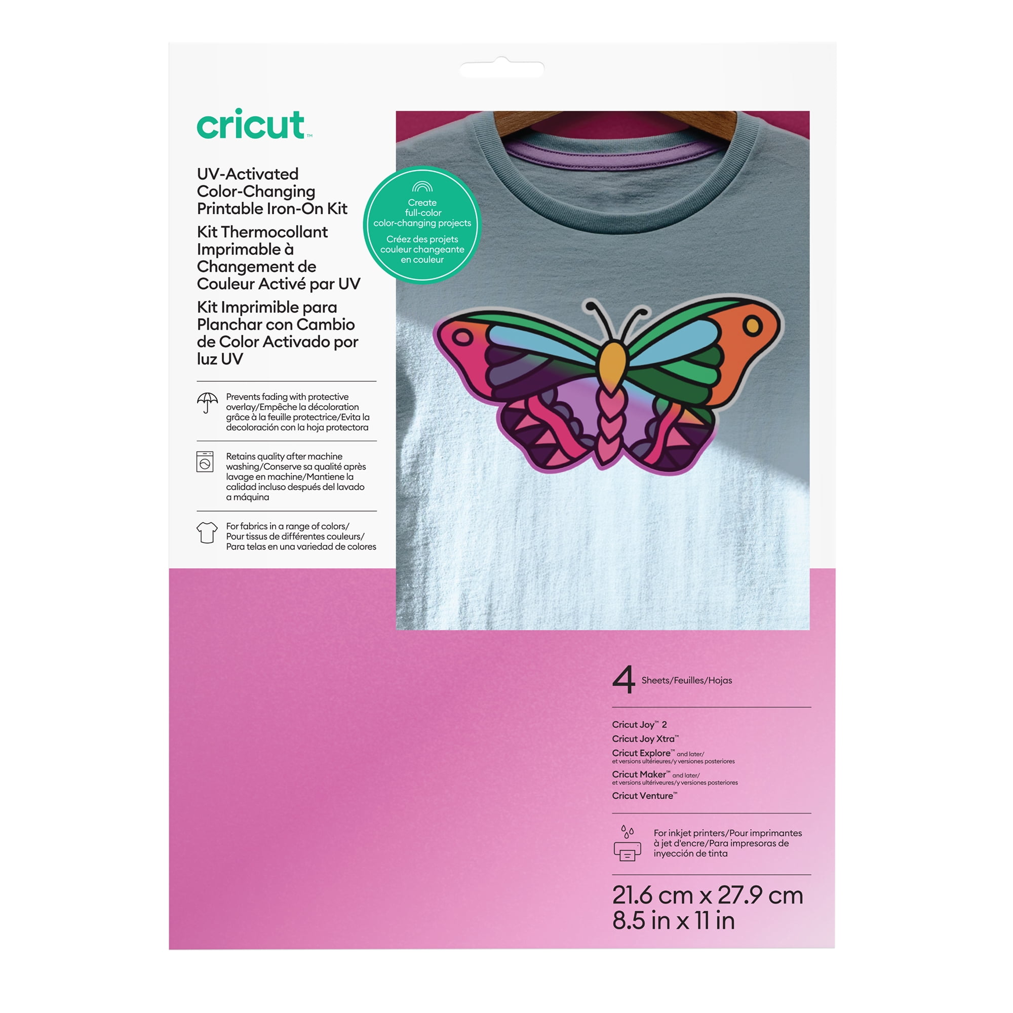 Cricut® Printable Iron-On™ Vinyl UV Color Changing Kit – 8.5 in x 11 in (4 ct), 11" x 8.5", White to Purple