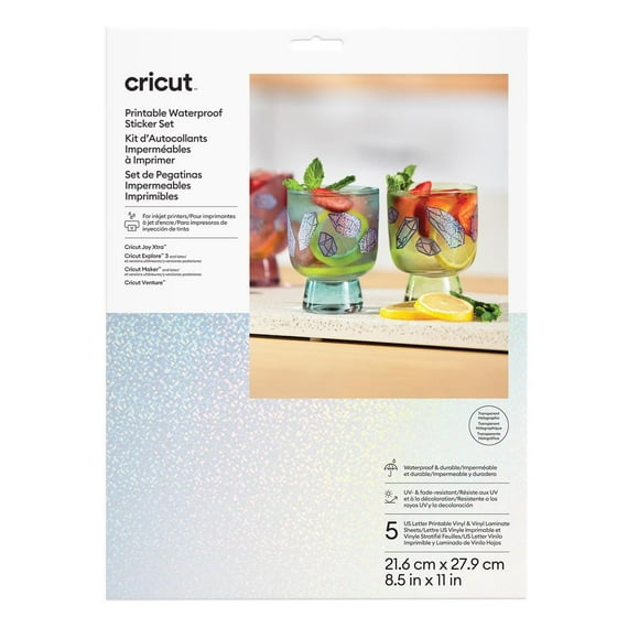 Cricut Printable Waterproof Holographic Sticker Set - US Letter (5 ct), 8.5" x 11",Transparent Holographic