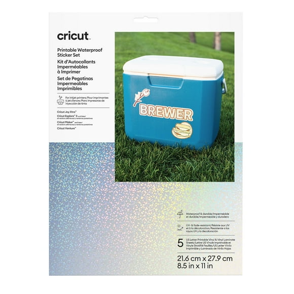 Cricut Printable Waterproof Holographic Sticker Set - US Letter (5 ct), 8.5" x 11",White Holographic