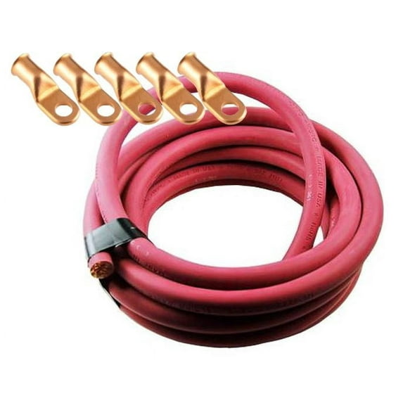 Crimp Supply Ultra-Flexible Car Battery/Welding Cable - 1/0 Gauge, Red - 5 Feet - and 5 Copper Lugs