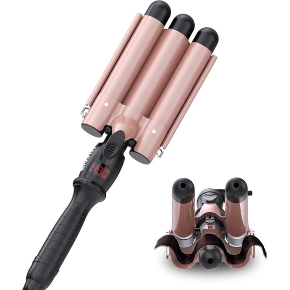 Crimper Hair Tool, 15 Variable Temperature with LCD Display Crimper, Waver Tool,3 Barrel Curling Iron, hairCrimper for Women,Long-Lasting Natural Tight Waves