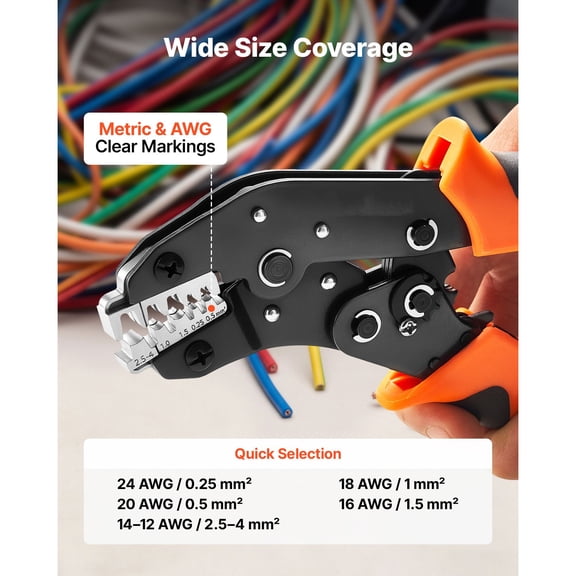 Crimping Tool 24-12 AWG Ratcheting Wire Crimper Labor-Saving Electrical Terminal Crimp Pliers with Clear Metric and AWG Markings Quick Release Adjustable Pressure for Multiple Terminals