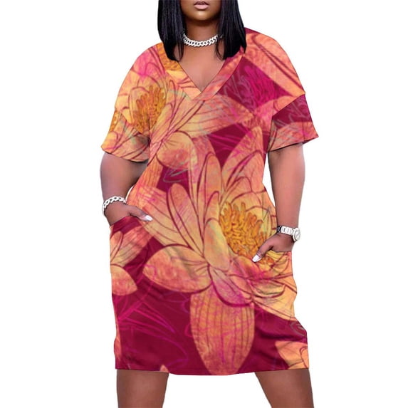 Crimson Background Orange Water Lilies Women's Summer Short Sleeve Casual Dresses Party Dress