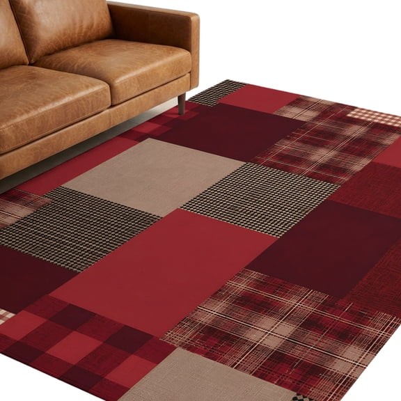 Crimson Buffalo Checks 9'x12' Large Area Rugs Vintage Textile Grids Tartan Plaid Squares Washable Area Rugs Non-Slip Indoor Floor Mats for Villa Parlour, Hotel Lounge, Recreation Room