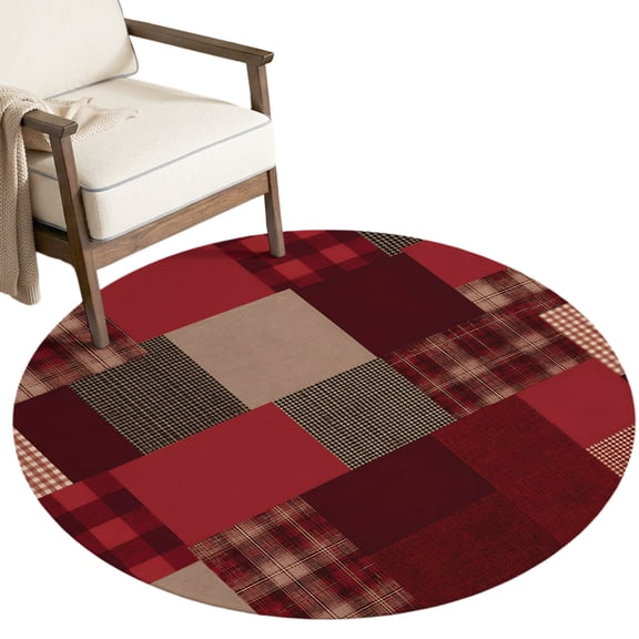 Crimson Buffalo Checks Round Rug 5Ft Vintage Textile Grids Tartan Plaid Squares Circle Area Rugs Washable Non Slip Indoor Floor Mats for Dining‑Table Area, Guest Chat Area, Balcony