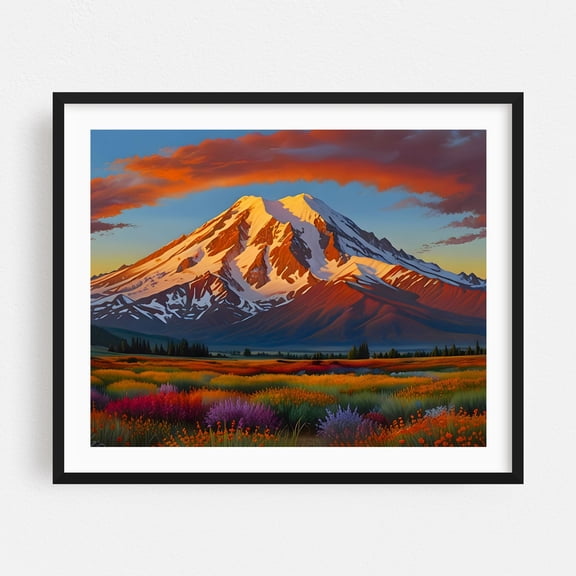 Crimson Clouds over the Valley - India Illustration Mountain Sunset Landscape Autumn Scenic Nature Flowers Black Framed Wall Art Print 6 x 8 inches