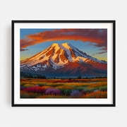 Crimson Clouds over the Valley - India Illustration Mountain Sunset Landscape Autumn Scenic Nature Flowers Black Framed Wall Art Print 8 x 10 inches