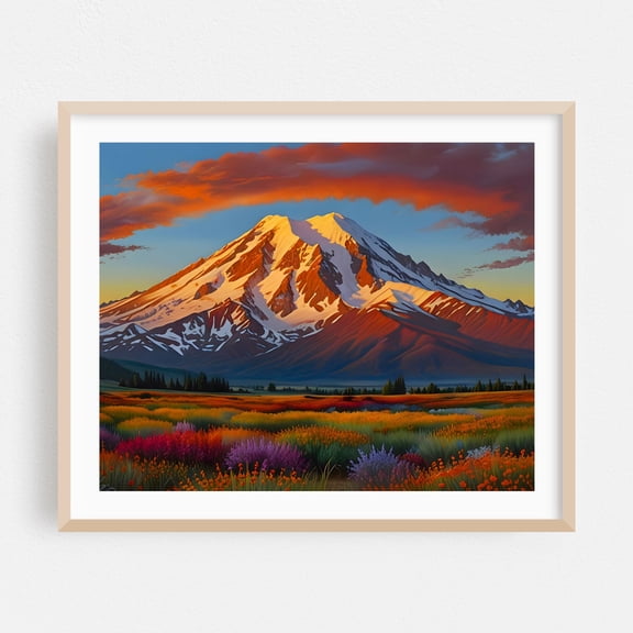 Crimson Clouds over the Valley - India Illustration Mountain Sunset Landscape Autumn Scenic Nature Flowers Oak Framed Wall Art Print 6 x 8 inches