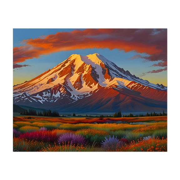 Crimson Clouds over the Valley - India Illustration Mountain Sunset Landscape Autumn Scenic Nature Flowers Unframed Wall Art Print 22 x 28 inches