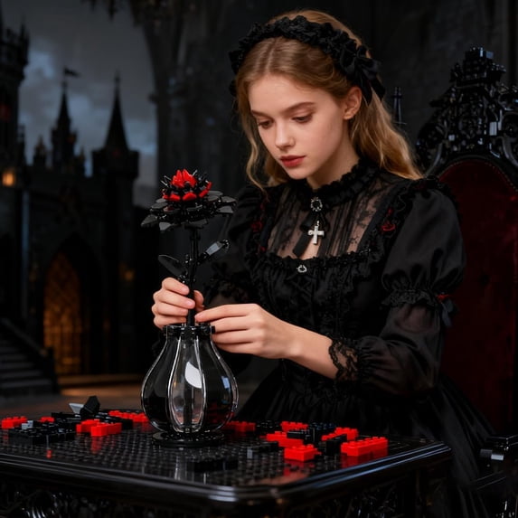 Crimson Dahlia Eternal Bloom Building Blocks Set, Midnight Rose Dector MOC Bricks Toys, 150pcs DIY Model Gift Kit