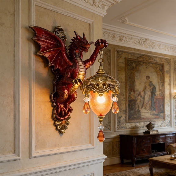 Crimson Dragon Wall Lantern, Hand-Painted Detailing Resin Dragon Decorative Warm White LED Lantern, Vintage Style Hanging or Wall-Mounted Wall for Home Living Room Entryway Garden Patio Decor