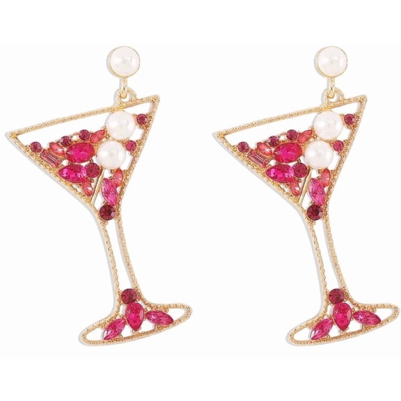 Martini Glass Statement Earrings for Women – Pink Rhinestone & Pearl Drop Earrings, Gold Tone Cocktail Party Jewelry