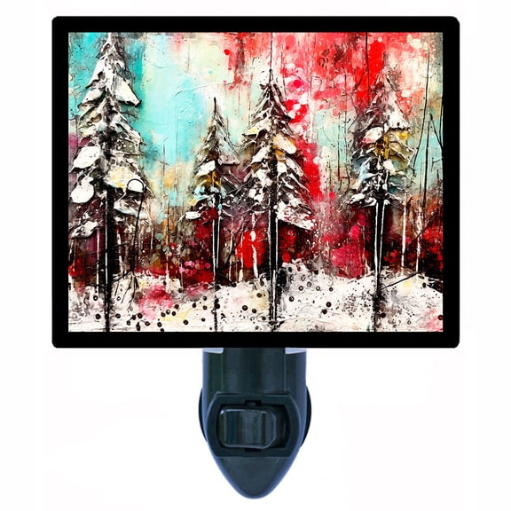 Crimson Frost Night Light Abstract Winter Forest with Snowy Pine Trees and Red Teal Background, Modern Seasonal Wall Dcor Includes Free Switchable Insert