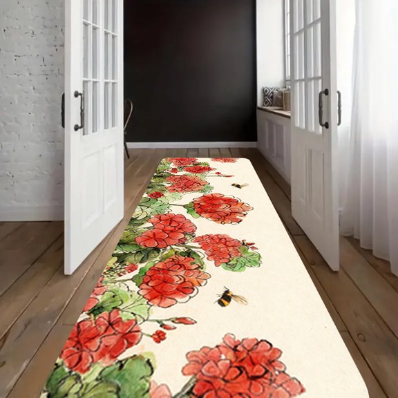 Crimson Geranium Runner Rug, Flannel Plush with Sponge Padding, Deep Green Base with Red Geranium Flowers and Emerald Leaves