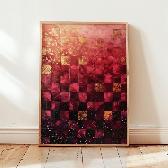 Crimson Grid Geometric Print Bold Modern Decor Unframed Paper Print