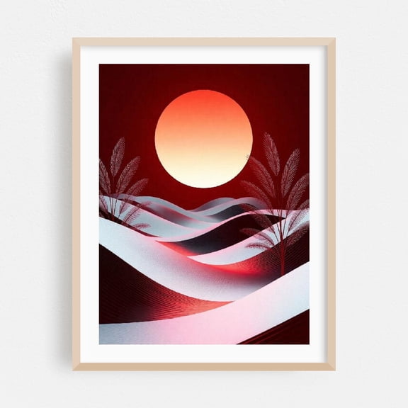 Crimson Horizon - Digital Art Abstract Minimalist Surrealism Nature Landscape Sunset Geometric Oak Framed Wall Art Print 5 x 7 inches