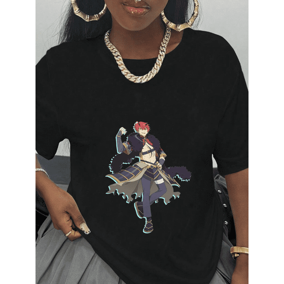 Crimson & Jet-Black Edgy Dancer Kaguya's Crimson-Haired Neo-Wafu Anime Guy Graphic Front Print Black T-Shirt