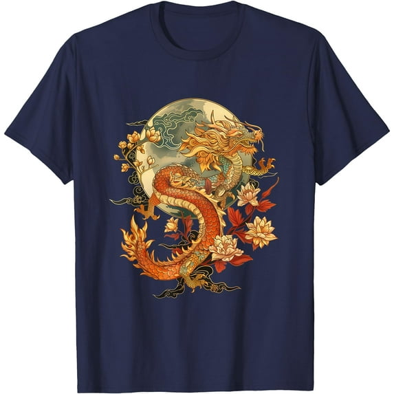 Crimson Lunar Floral Dragon Art Noveau Unisex T-Shirt for Men Women Kids Toddler,Navy Color,Size 5/6