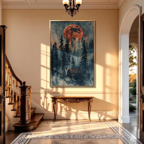 Crimson Moon Forest Cabin Poster: Misty Woods Surreal Wall Art, Unframed Canvas Size 8x12