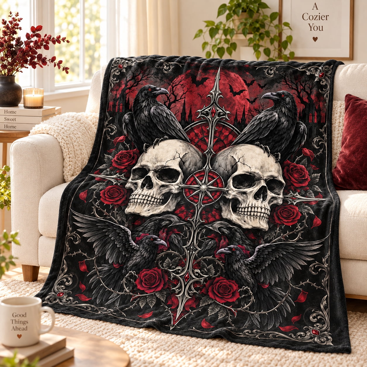 Red Roses Boder Crimson Moon Raven Skull Blanket with Red Roses and Ornate Border ...