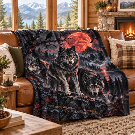 Crimson Moon Wolf Pack Blanket, Three Wolves Flannel Throw with ...