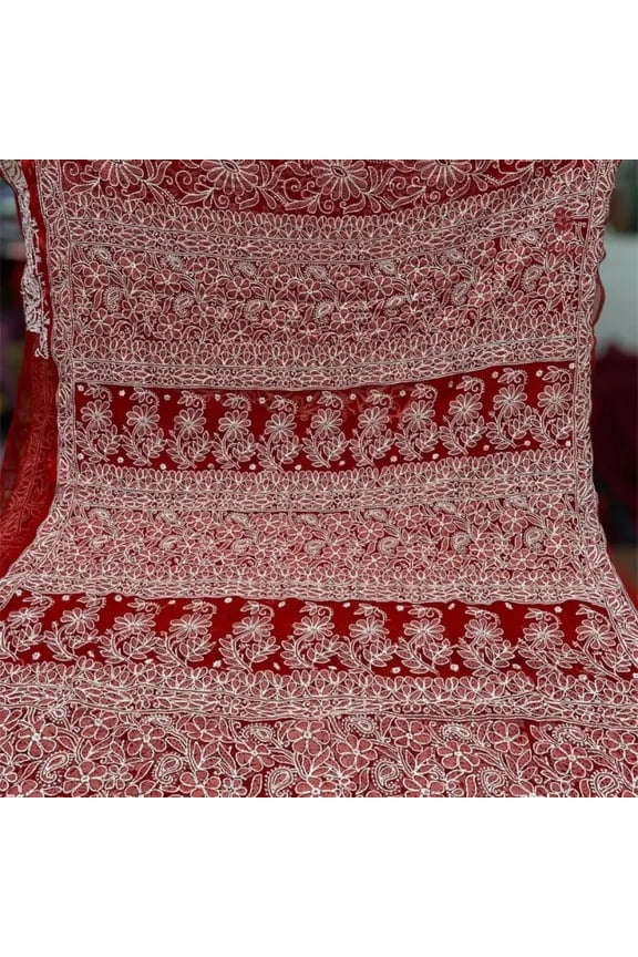 Crimson Red Chikankari Hand Embroidered Saree
