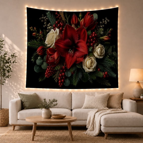 Crimson Red Flowers and Berries on Black Background, Dramatic Boho for Nature Lovers Botanical Wall Art, Housewarming Gift Tapestry Wall Hanging for Bedroom and Living Room