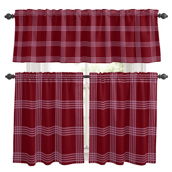 Crimson Red Gingham Kitchen Curtains and Valances Set, Abstract Vintage Rustic Minimalist Checked 3 Piece Curtains Valances and Tiers Set Rod Pocket for Kitchen Bathroom Windows 36 Inch