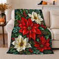 thumbnail image 1 of Crimson Red Poinsettia Holly Berry Botanical Art Christmas, Festive Holiday Scene, Warm Flannel Blanket for Living Room and Reading Nook, Art Lovers Friendship Gift, Festive Home Decor, 1 of 9