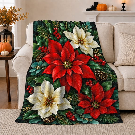 Crimson Red Poinsettia Holly Berry Botanical Art Christmas, Festive Holiday Scene, Warm Flannel Blanket for Living Room and Reading Nook, Art Lovers Friendship Gift, Festive Home Decor