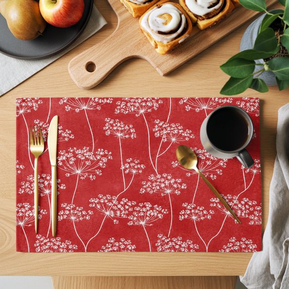 Crimson Red Umbellifer Placemats Set of 1, Retro Rustic Flora Stems Flower Botanical Non-Slip Place Mats Washable Table Mats for Kitchen Dining Table Decorations Indoor/Outdoor