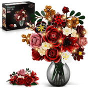 Simarrant Crimson Rose Flower Bouquet Building Set, Botanical Building Blocks with Red and Deep Red Flowers, Artificial Floral Arrangement Model Kit for Home Decor, Teens and Adults 12+