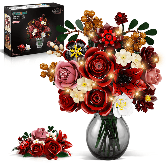 Simarrant Crimson Rose Flower Bouquet Building Set, Botanical Building Blocks with Red and Deep Red Flowers, Artificial Floral Arrangement Model Kit for Home Decor, Teens and Adults 12+