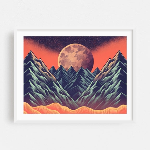 -Crimson Sky Over the Cosmic Peaks: A Retro-Futuristic Mountain Landscape with a Textured Moon - Illustration Surrealism Moon Cosmic Landscape Retro White Framed Wall Art Print 9 x 12 inches