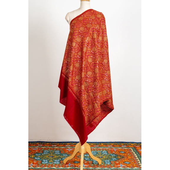 Crimson Splendor Finest Merino Wool Hand-Embroidered Sozni Shawl