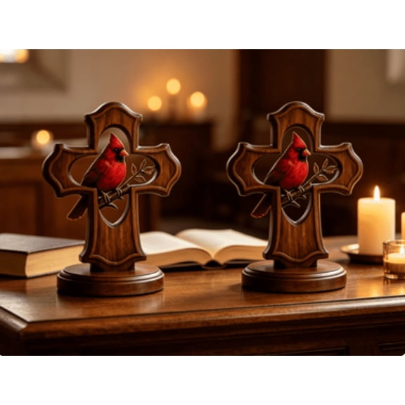 Crimson Wooden Memorial Ornament, Red Bird Easter Home Decor, Handcrafted Keepsake with Cardinal and Natural Branch Accent(2PCS)