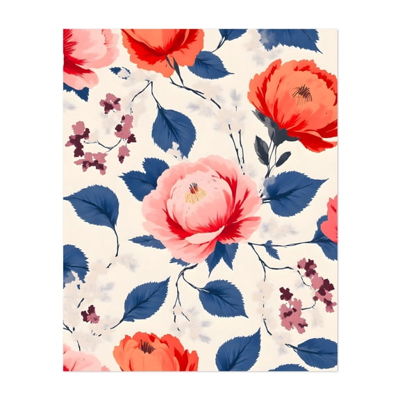 Crimson and Coral Flower - India Illustration Floral Flowers Pattern Botanical Nature Art Deco Vintage Unframed Wall Art Print 24 x 32 inches
