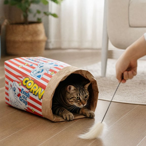 Crinkle Cat Toy Tunnel with Collapsible Kraft Paper Popcorn Design, Red and White Striped, for Indoor Cats and Small Dogs, Toy